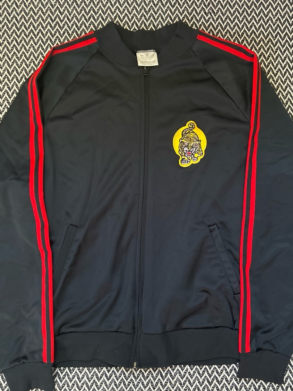 Men's Black Track Jacket with Red Stripe and Tiger Patch - Charlie Kelly Replica